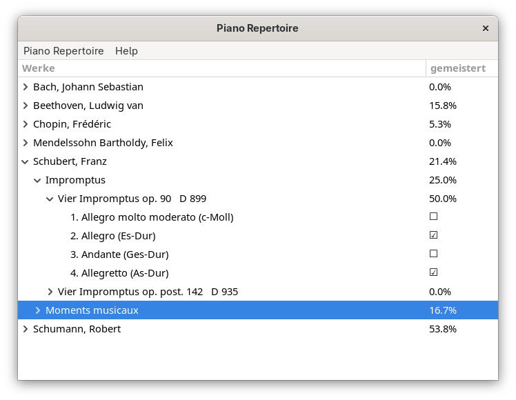 Screenshot der Piano Repertoire Anwendung
